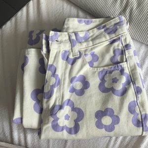 White and purple flowered jeans extra small